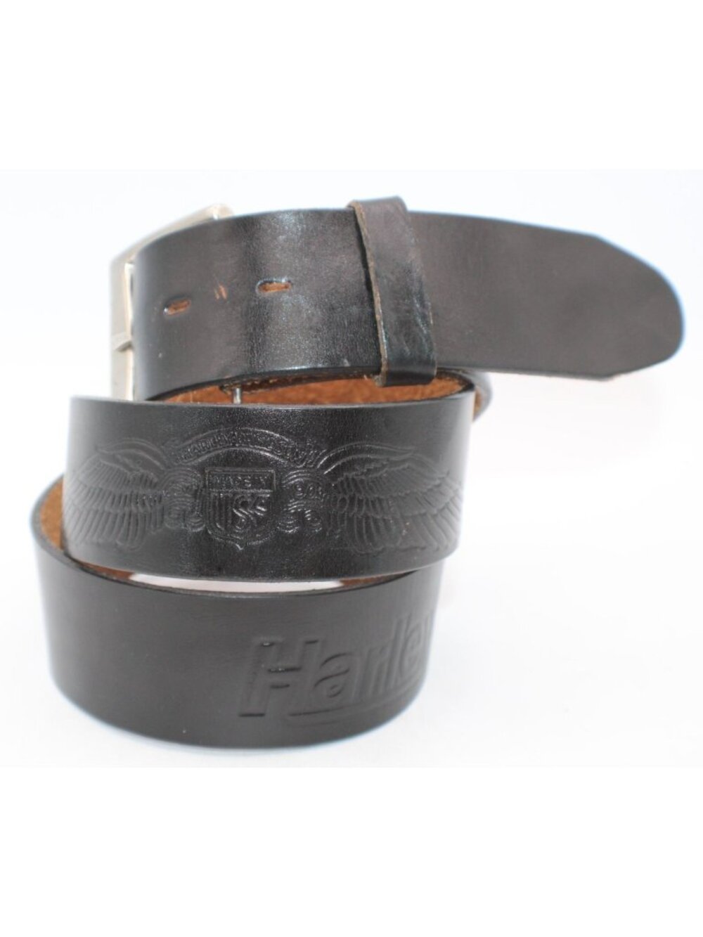 Harley-Davidson Black Leather Belt Size 36/38 Embossed Logo & Wings Design Made